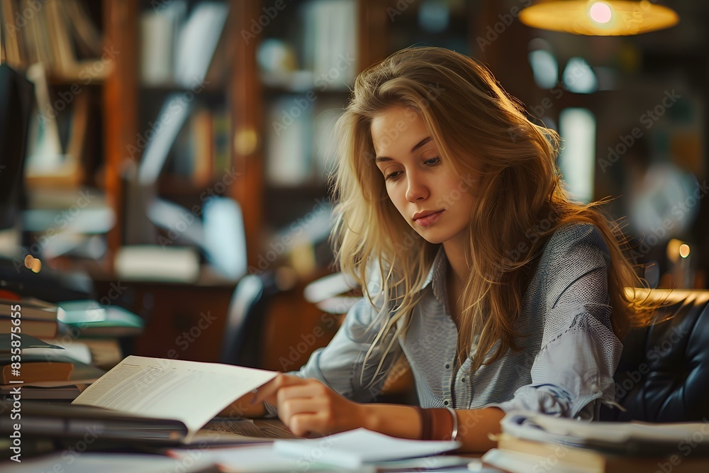 Young Woman Studying in a Library with Books Young Woman Studying in a Library with Books