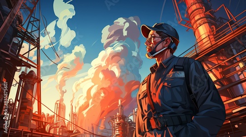 A beaming refinery engineer inspects the structural integrity of a newly built unit, making notes on a handheld device, ensuring compliance with safety and quality standards. Painting Illustration