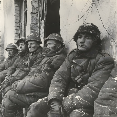 A group of soldiers in winter gear sit on a pile of rubble in a destroyed city during World War II.