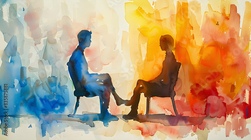 Watercolor painting of two people having a therapy session and discussing mental health concepts.
