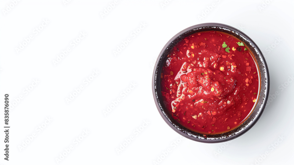 Vista cenital de plato de salsa picante rojo de tomate aislada sobre mesa blanca. Plato de comida con salsa o sopa roja. Vista cenital de plato de salsa picante rojo de tomate aislada sobre mesa blanca. Plato de comida con salsa o sopa roja.