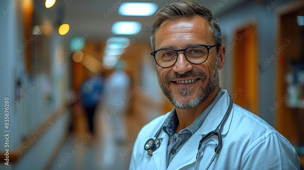 smiling doctor at hospital corridor .stock illustration smiling doctor at hospital corridor .stock illustration