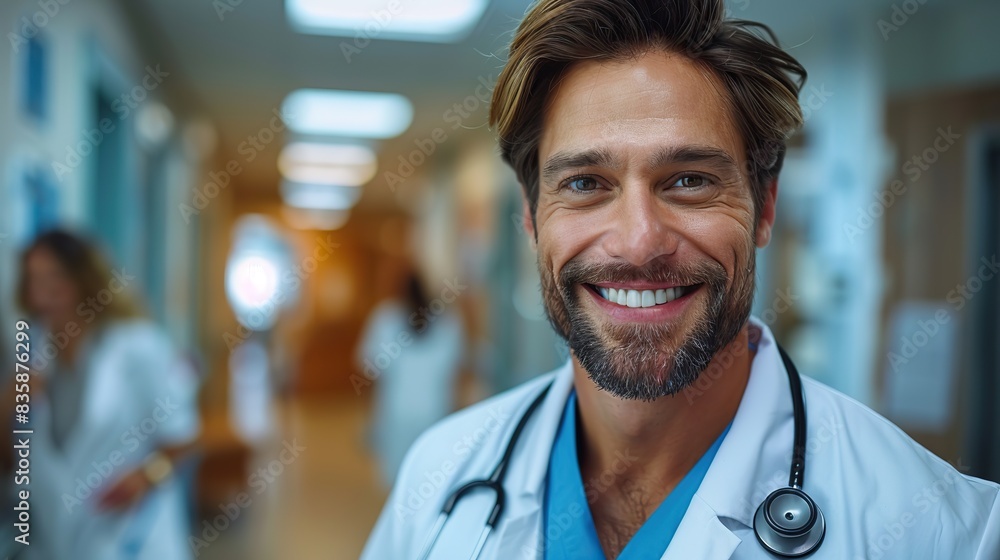 smiling doctor at hospital corridor. stock image smiling doctor at hospital corridor. stock image