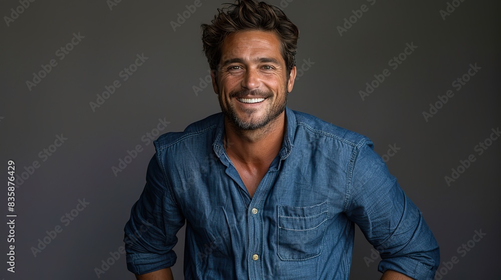 Fototapeta premium confidence and business concept portrait of charming successful young entrepreneur in blue collar shirt smiling broadly. stock image