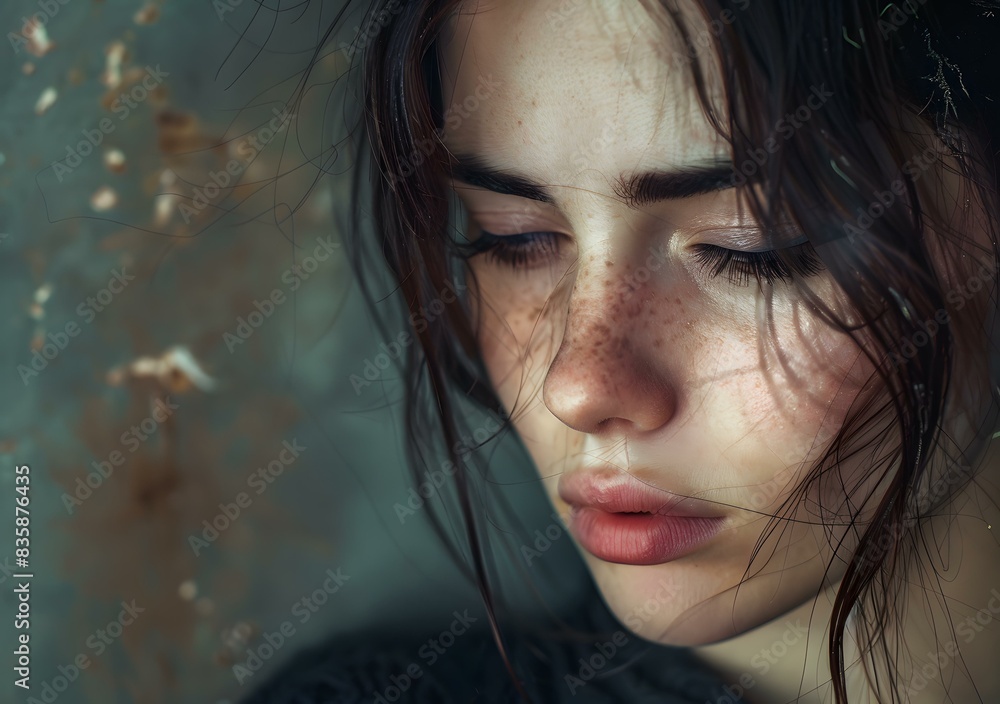 Portrait of a young woman with freckles on her face Portrait of a young woman with freckles on her face
