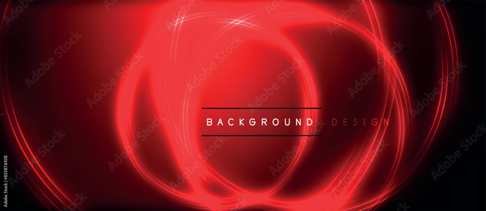 Neon glowing circle rays, light round lines in the dark, planet style neon wave lines. Energetic electric concept design for wallpaper, banner, background