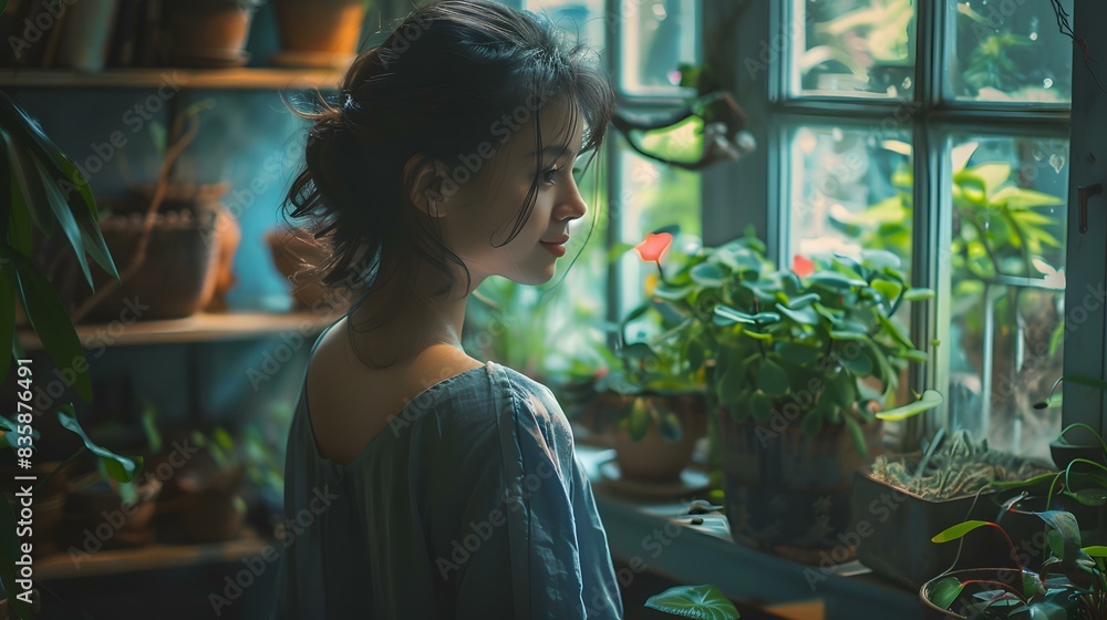 A thoughtful young woman looking at the green plants by the window A thoughtful young woman looking at the green plants by the window