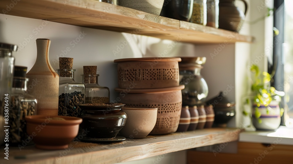 Bohemian flair kitchen, close-up on open shelves with eclectic spice jars and clay pots, warm light Bohemian flair kitchen, close-up on open shelves with eclectic spice jars and clay pots, warm light