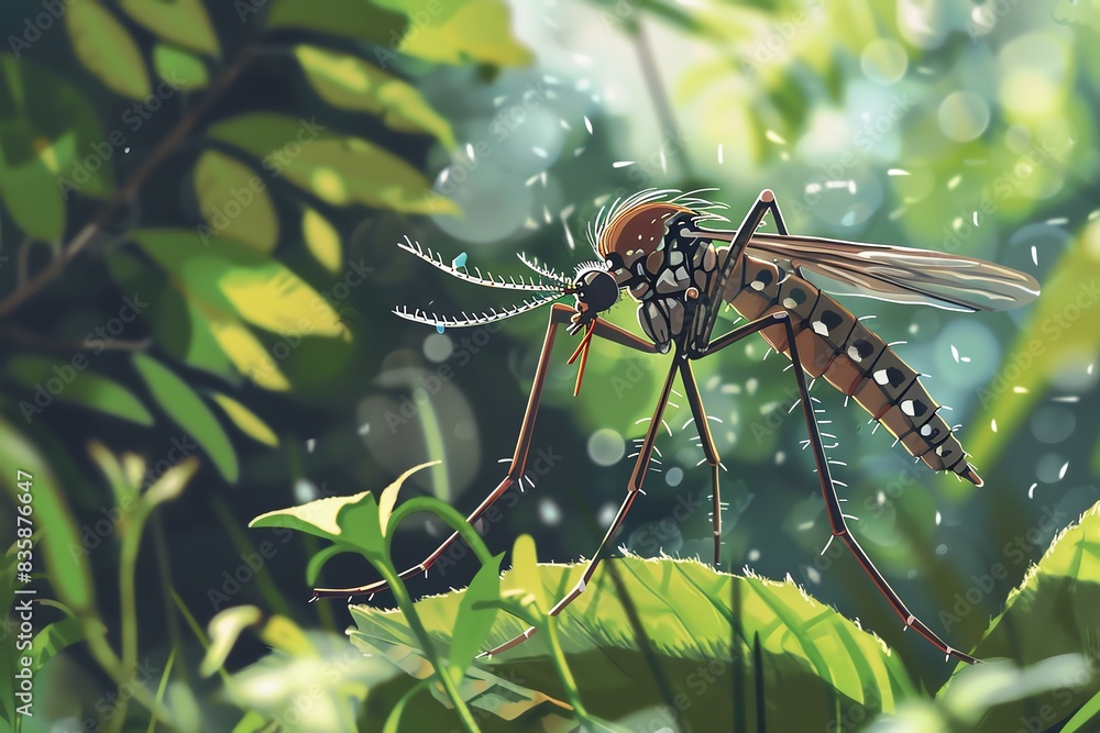 Close-up of a mosquito on a leaf in a natural setting, with sunlight filtering through foliage and small insects flying around.