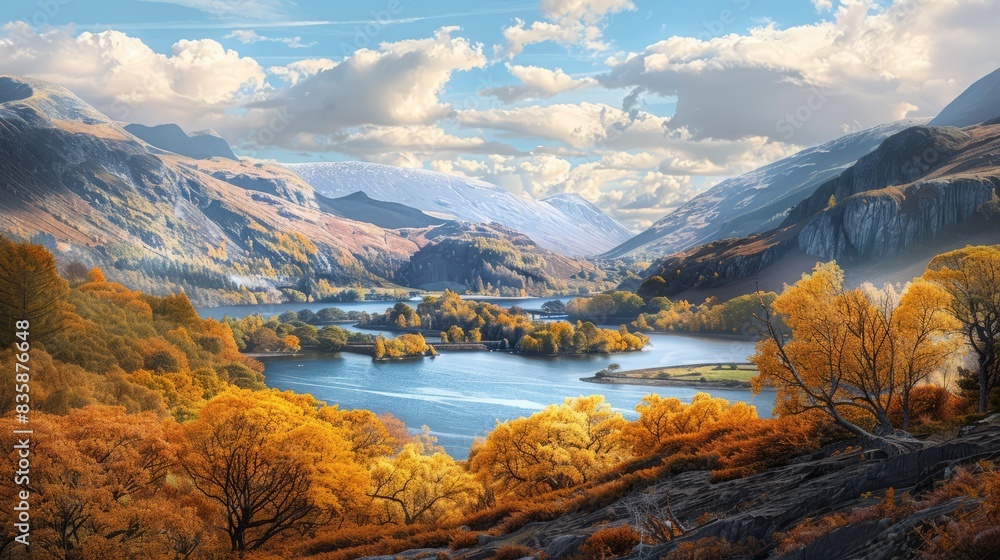 Fototapeta premium View of autumn landscape of llanberis and llyn padarn in wales with vibrant foliage and serene lake surrounded by majestic mountains