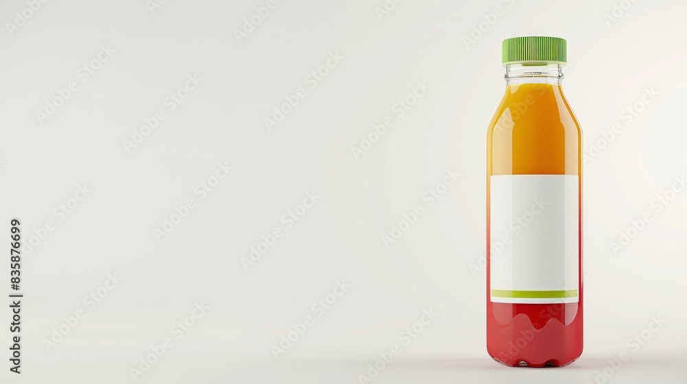 A colorful vegetable juice bottle with a modern label, set against a clean white background with space for text on the side. Perfect for promotional materials.