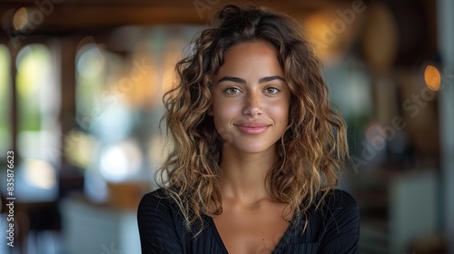 portrait of a happy mixed race businesswoman standing with her arms crossed alone in her office one hispanic professional feeling confident standing at work.illustration