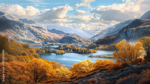 View of autumn landscape of llanberis and llyn padarn in wales with vibrant foliage and serene lake surrounded by majestic mountains photo