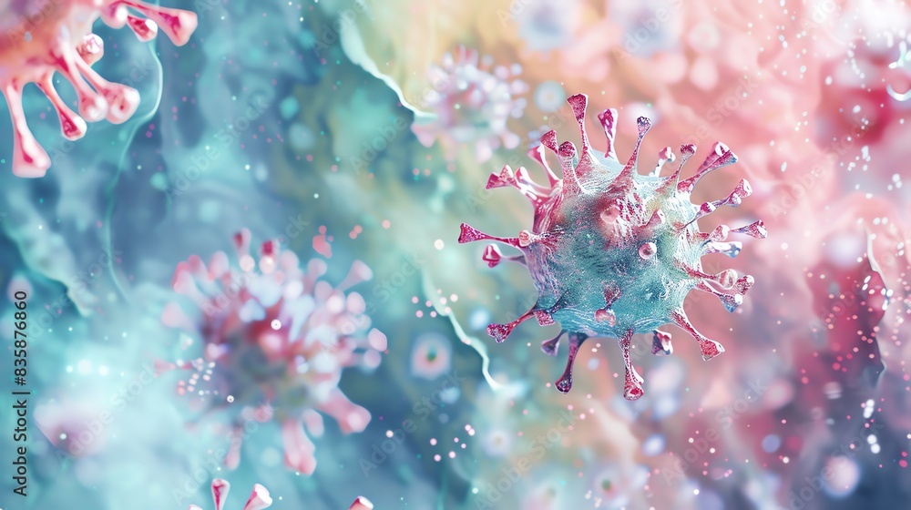 Colorful and abstract scientific illustration of viruses under microscope. Perfect for health-related and educational materials. Colorful and abstract scientific illustration of viruses under microscope. Perfect for health-related and educational materials.