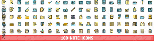 100 note icons set. Color line set of note vector icons thin line color flat on white
