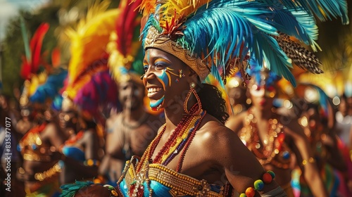 A joyful carnival performer wearing a vibrant feathered headdress and colorful costume, celebrating with lively energy at a festive parade.