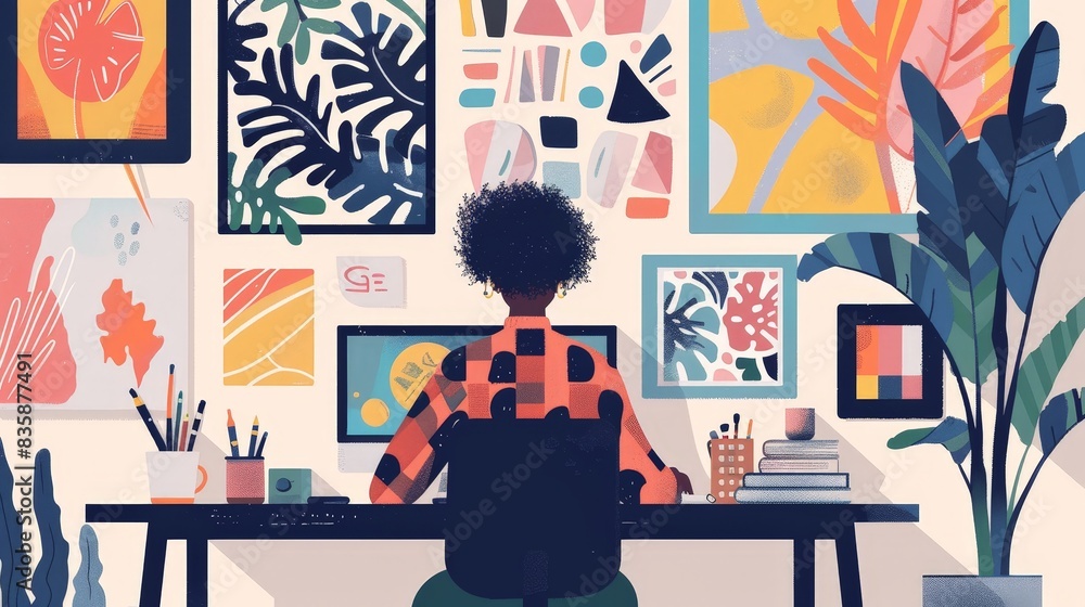 An illustration in 2D flat style featuring a Gen Z individual creating digital art or content, showcasing creativity. The minimalist design focuses on the innovative and artistic expressions common An illustration in 2D flat style featuring a Gen Z individual creating digital art or content, showcasing creativity. The minimalist design focuses on the innovative and artistic expressions common