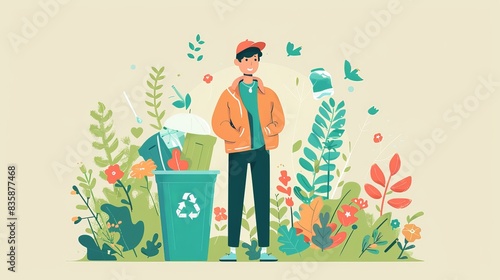 A flat design depiction of a Gen Z character engaging in sustainable practices, such as recycling or using eco-friendly products. The minimalist background highlights the generation s commitment to photo