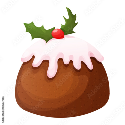 Traditional Pudding, Christmas cake winter dessert, pastry with cream, icing and decoration, textured and detailed isolated on white background.