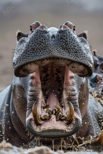 A hippopotamus with its mouth wide open, displaying its large tusks, as it emerges from muddy water © robfolio