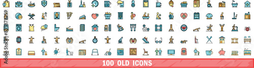 100 old icons set. Color line set of old vector icons thin line color flat on white