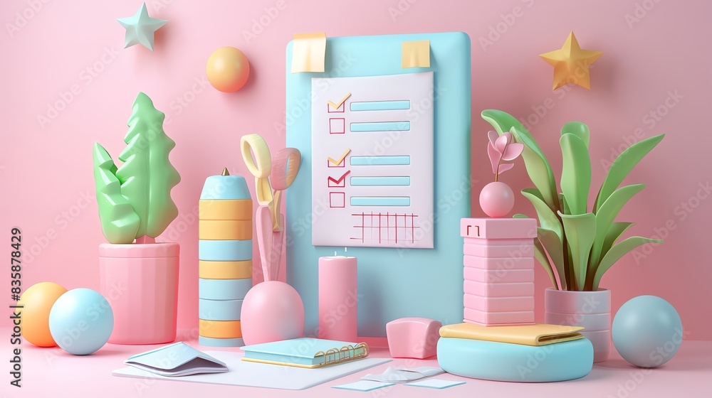 An enchanting 3D illustration in gentle pastel tones showcases a document icon with checklists marked correct and wrong, alongside a chart An enchanting 3D illustration in gentle pastel tones showcases a document icon with checklists marked correct and wrong, alongside a chart