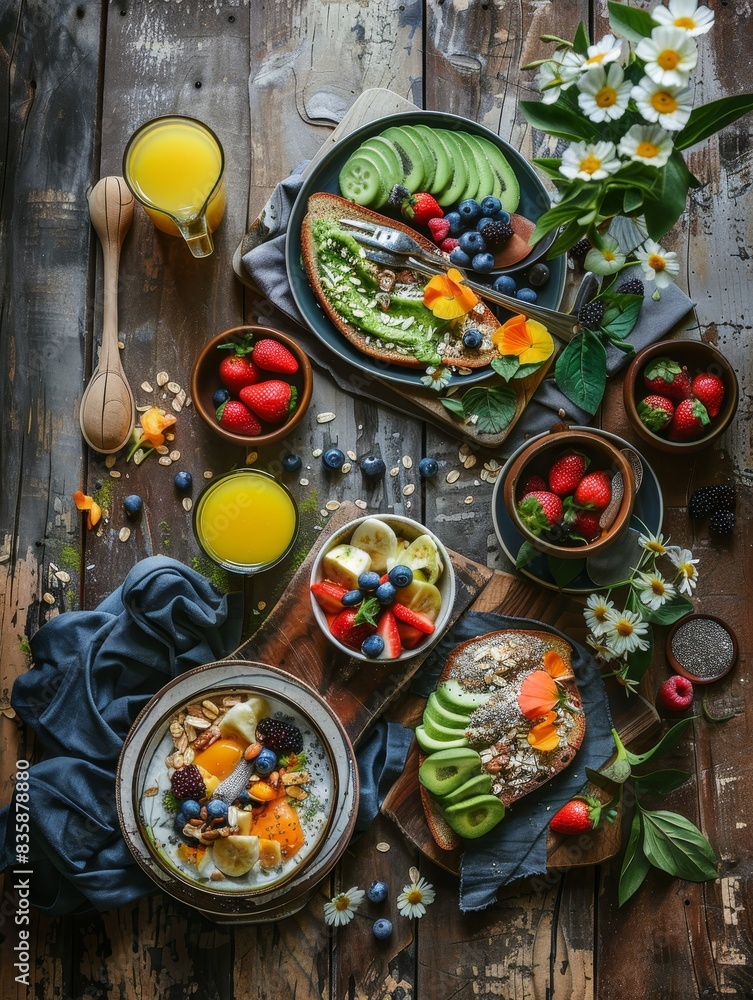 A healthy breakfast spread with avocado toast, smoothie bowls, and fresh juice, arranged on a rustic wooden table.