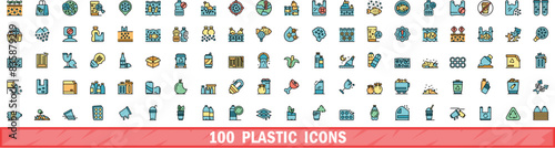 100 plastic icons set. Color line set of plastic vector icons thin line color flat on white photo