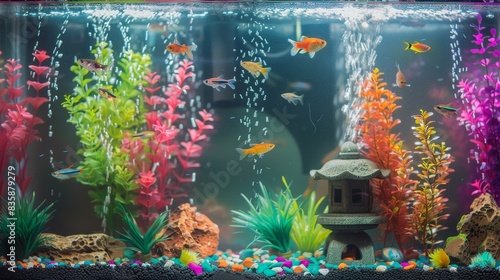A serene fish tank setup with colorful fish  plants  and decorations. The water is clear  and the scene is calming.