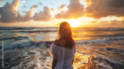 serene sunrise  woman admiring the seascape beauty