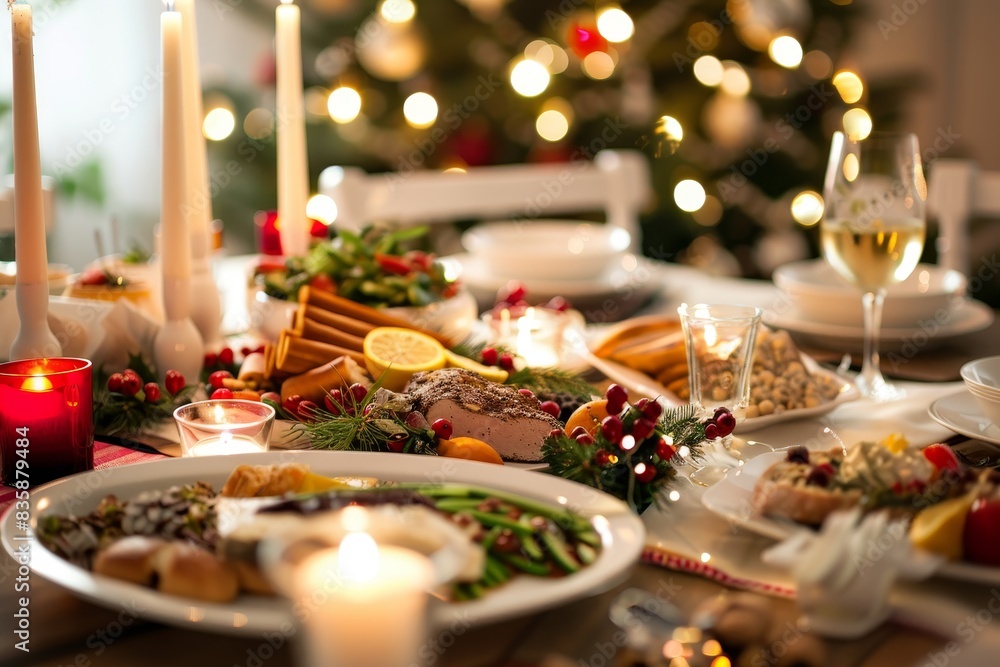 A festive holiday dinner table set with elegant decorations, candles, and a variety of delicious foods. The atmosphere is warm and inviting. A festive holiday dinner table set with elegant decorations, candles, and a variety of delicious foods. The atmosphere is warm and inviting.