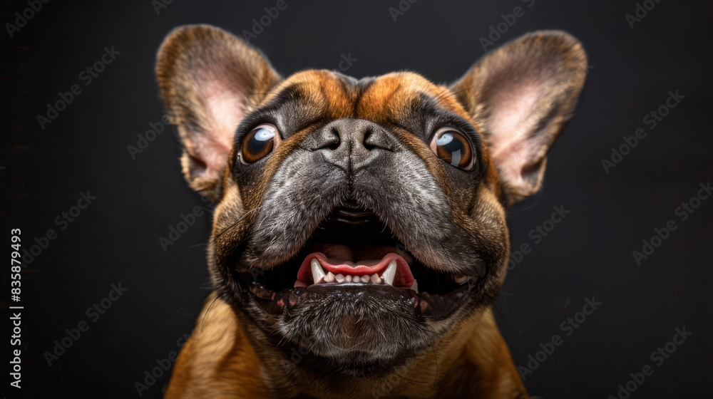 Fototapeta premium Close-up of a funny French Bulldog with a surprised expression. Pet photography and animal humor.