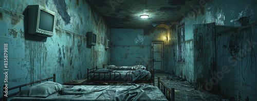 Eerie, abandoned hospital ward with flickering blue light, handprints on walls, rusting beds, whispers, and darting shadows.