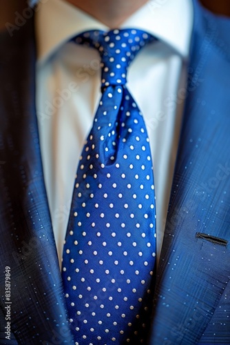 Close-Up of a Blue Polka Dot Tie Worn With a Sharp Blue Suit