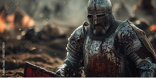 Medieval knight on battlefield, last survivor after destruction of war, dramatic historic reenactment, Generative AI