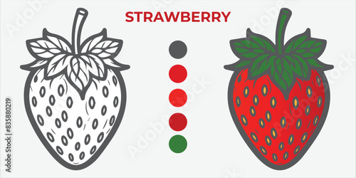 Black and White Vector Illustration of a strawberry for Coloring Book with color sample. 