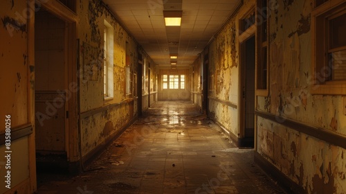Decaying walls, broken windows, empty hallways, haunting silence in an abandoned hospital.