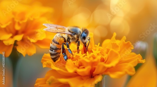 A bee enjoying nectar from a bright orange marigold, its fuzzy body contrasting beautifully with the flower