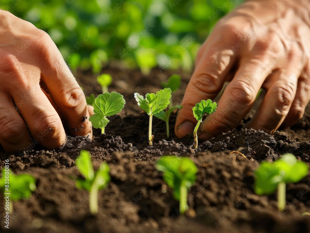 A close-up of hands planting seedlings in rich soil, emphasizing sustainability and growth. A close-up of hands planting seedlings in rich soil, emphasizing sustainability and growth.