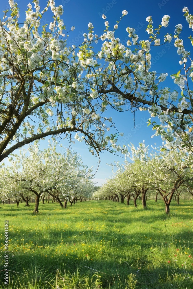A serene orchard in full bloom, with trees laden with fruits and a clear blue sky. The scene is peaceful and bountiful. A serene orchard in full bloom, with trees laden with fruits and a clear blue sky. The scene is peaceful and bountiful.