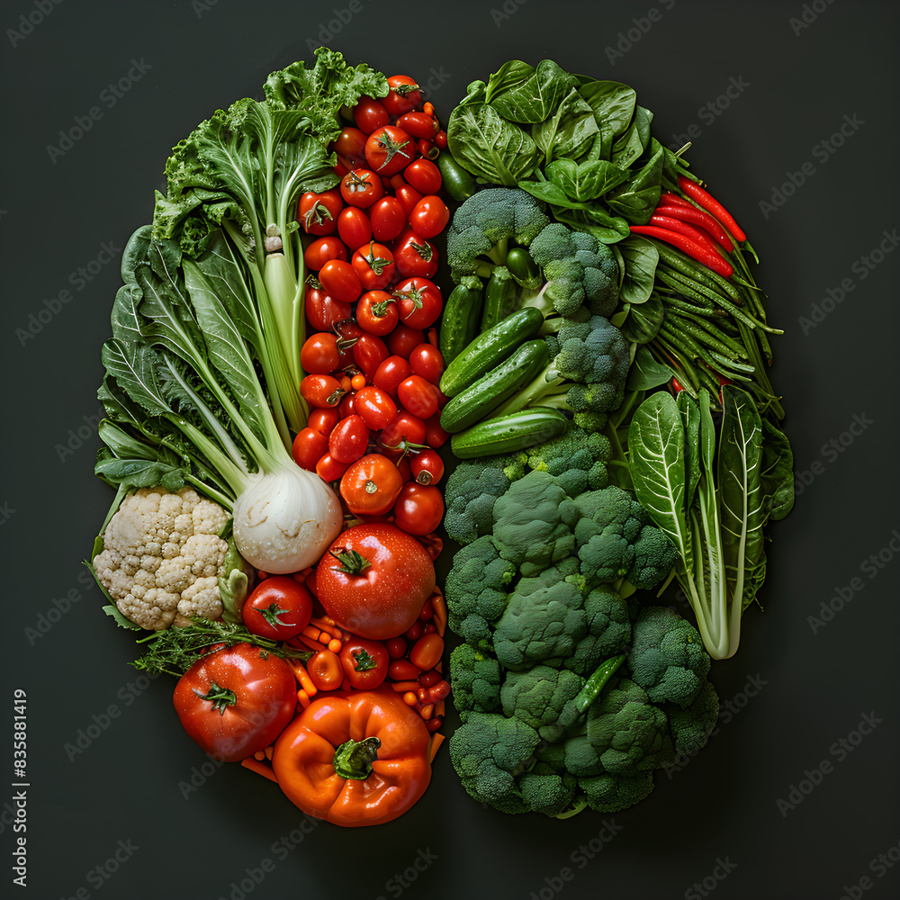 A human brain half made of healthy vegetables, symbolizing the connection between nutrition and brain health. A human brain half made of healthy vegetables, symbolizing the connection between nutrition and brain health.