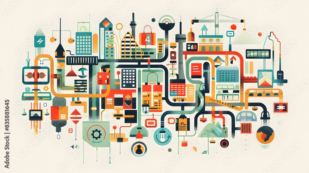 A business expanding its product lines and entering new industries, illustrated with a variety of products and services branching out from a central hub A business expanding its product lines and entering new industries, illustrated with a variety of products and services branching out from a central hub