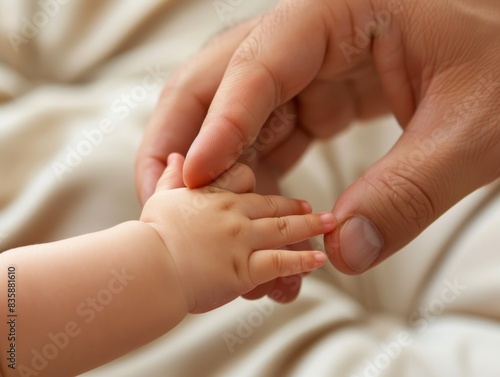 A close-up of a baby's hand holding a parent's finger, with a soft and comforting background.