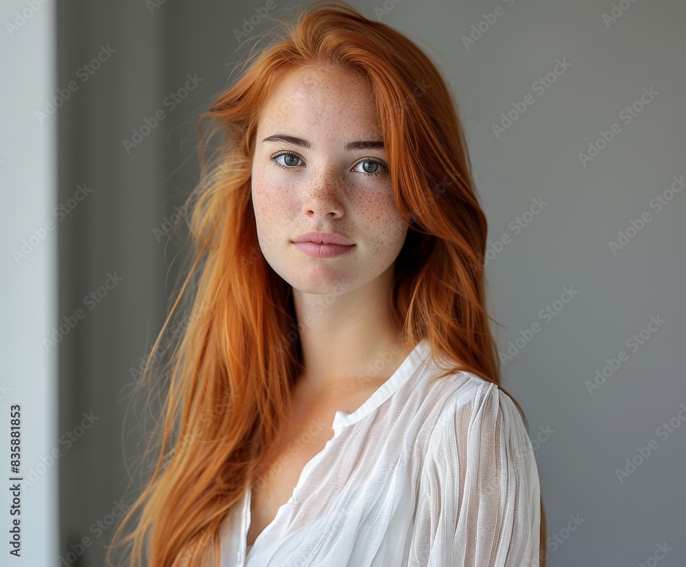 Fototapeta premium Portrait of a Woman With Long Red Hair, Wearing a White Blouse, Looking Directly at the Camera