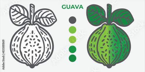 Black and White Vector Illustration of a guava for Coloring Book with color sample. 