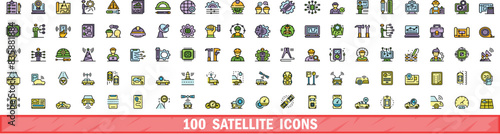 100 satellite icons set. Color line set of satellite vector icons thin line color flat on white