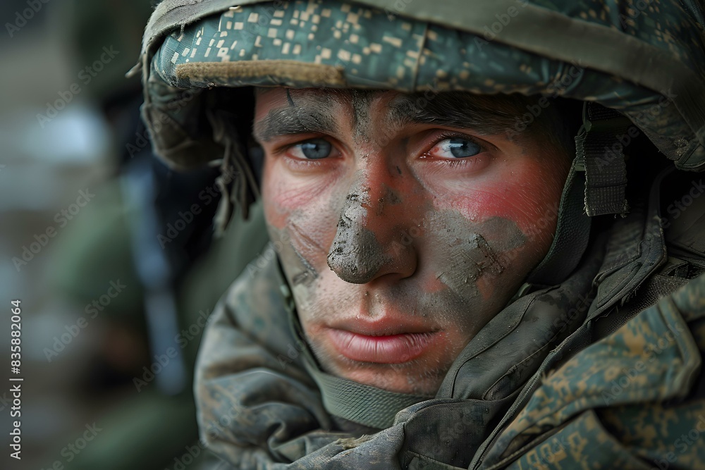 Portrait of a soldier with blue eyes and a camouflage helmet Portrait of a soldier with blue eyes and a camouflage helmet