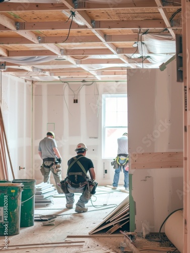 A dynamic renovation project with builders working on various aspects of a house, showcasing progress and teamwork.