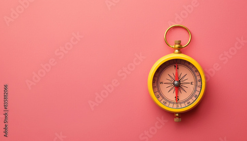 A plain yellow compass placed in the bottom right corner of a solid pink background, ready for drawing perfect circles in a school setting.