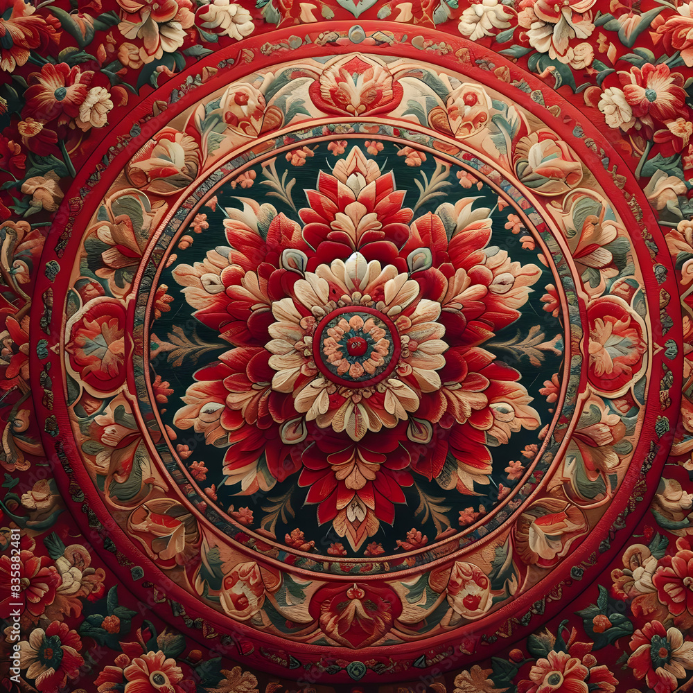 Obraz premium Detailed Look at Floral Patterns on a Red Persian Rug